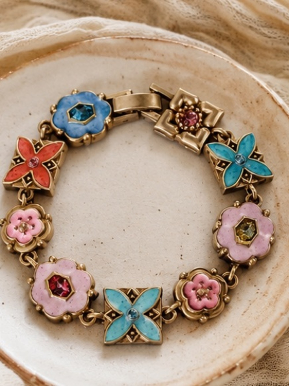 Vintage-Inspired Floral Enamel Bracelet in Pink, Blue & Coral